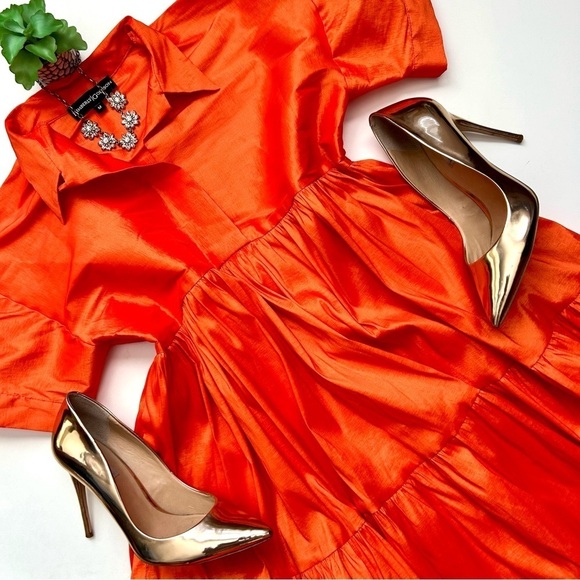 Kimberly Goldson Danni Tiered Ruffle Dress Preppy Short Sleeve Tangerine Orange - Picture 1 of 15